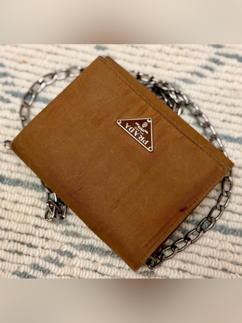 PRADA Vintage Y2K Chic Minimalist Brown Tessuto Nylon Trifold Wallet W/ Chain - Picture 7 of 16